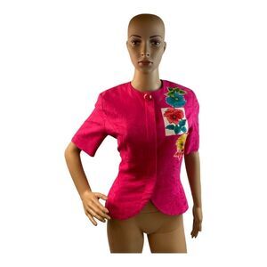 Anne Crimmins Women’s Vintage Pink Flower Pads Shoulder Short Sleeve Blouse SZ 4